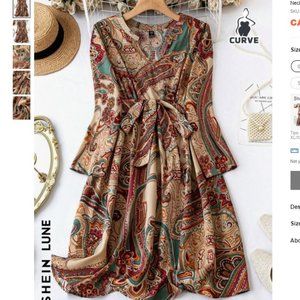 Beige Red Paisley Print Belted Dress Size 1XL